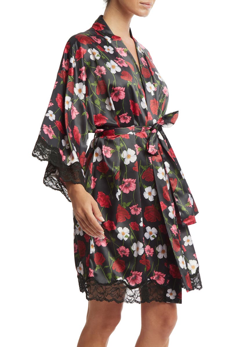 Hanky Panky Luxe Floral Lace Trim Satin Robe, Alternate, color, 
