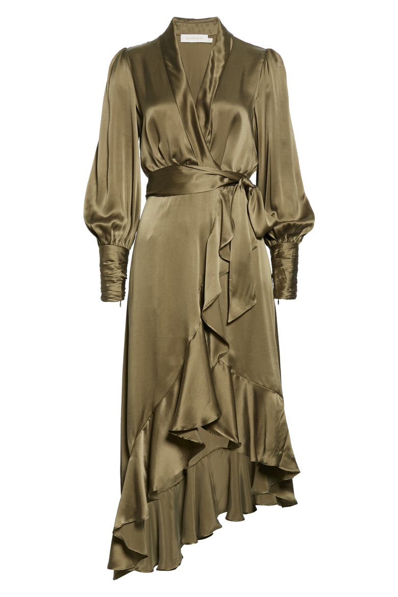 Long Sleeve Silk Satin Wrap Dress, Alternate, color, FENNEL