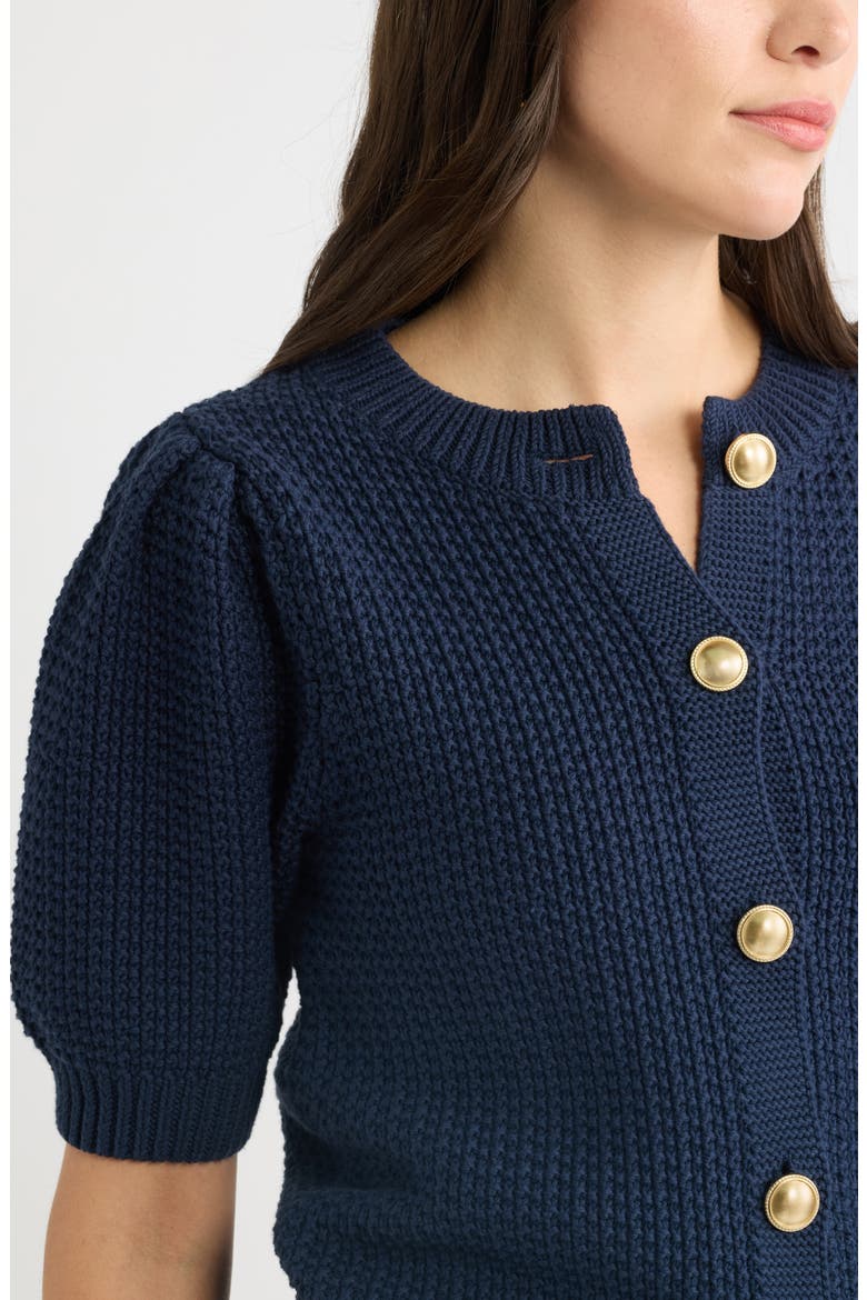 Puff Sleeve Textured Cotton Cardigan, Alternate, color, NAVY STILL