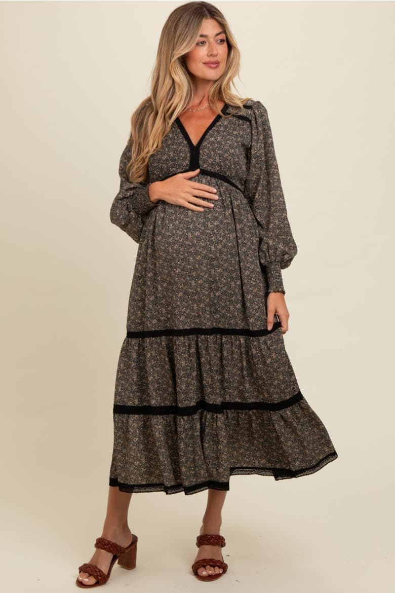 Floral Lace Trim Bubble Sleeve Maxi Dress, Alternate, color, Black