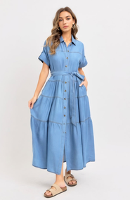 Knit and Lounge Short Sleeve Tiered Button Front Collared Midi Dress