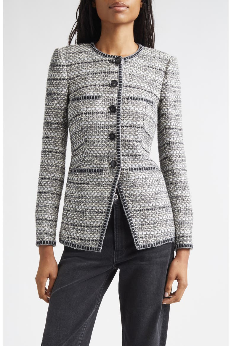 Alessia Metallic Tweed Cutaway Jacket, Main, color, SILVER
