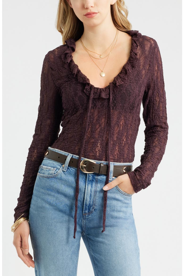 Ruffle Tie Neck Lace Top, Main, color, BURGUNDY FUDGE