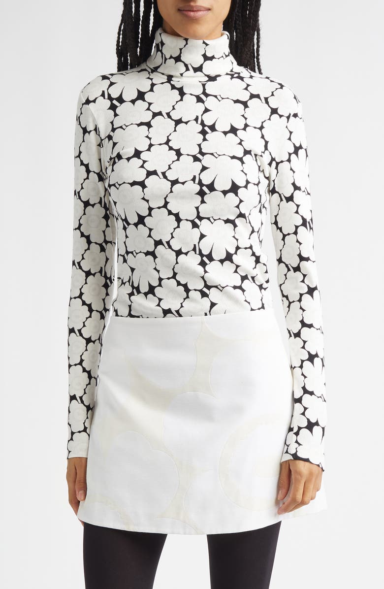 Marimekko Emali Unikko Rib Jersey Turtleneck Top, Main, color, White