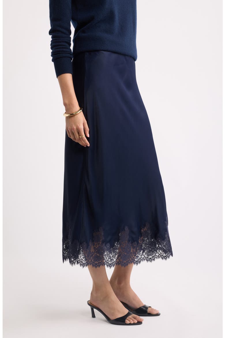 Lace Trim Satin Bias Midi Skirt, Alternate, color, NAVY NIGHT