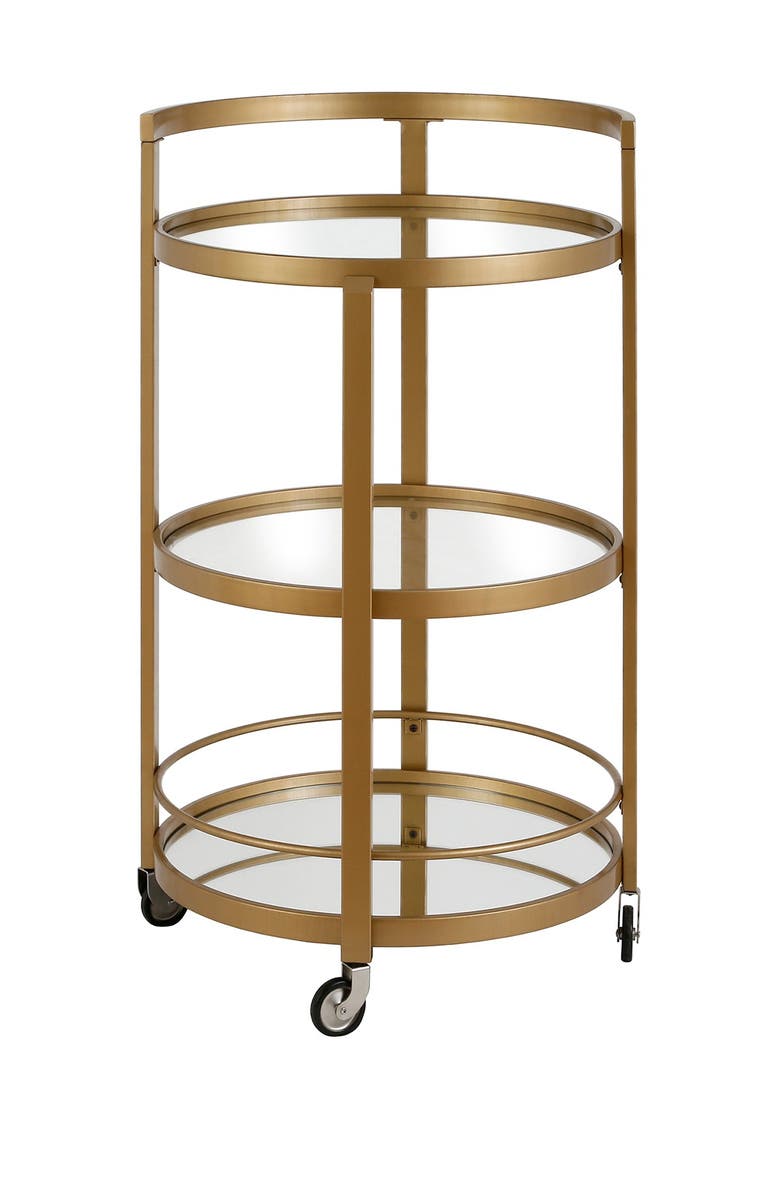 ADDISON AND LANE Hause Round Brass Finish Bar Cart with Mirrored Shelf, Alternate, color,