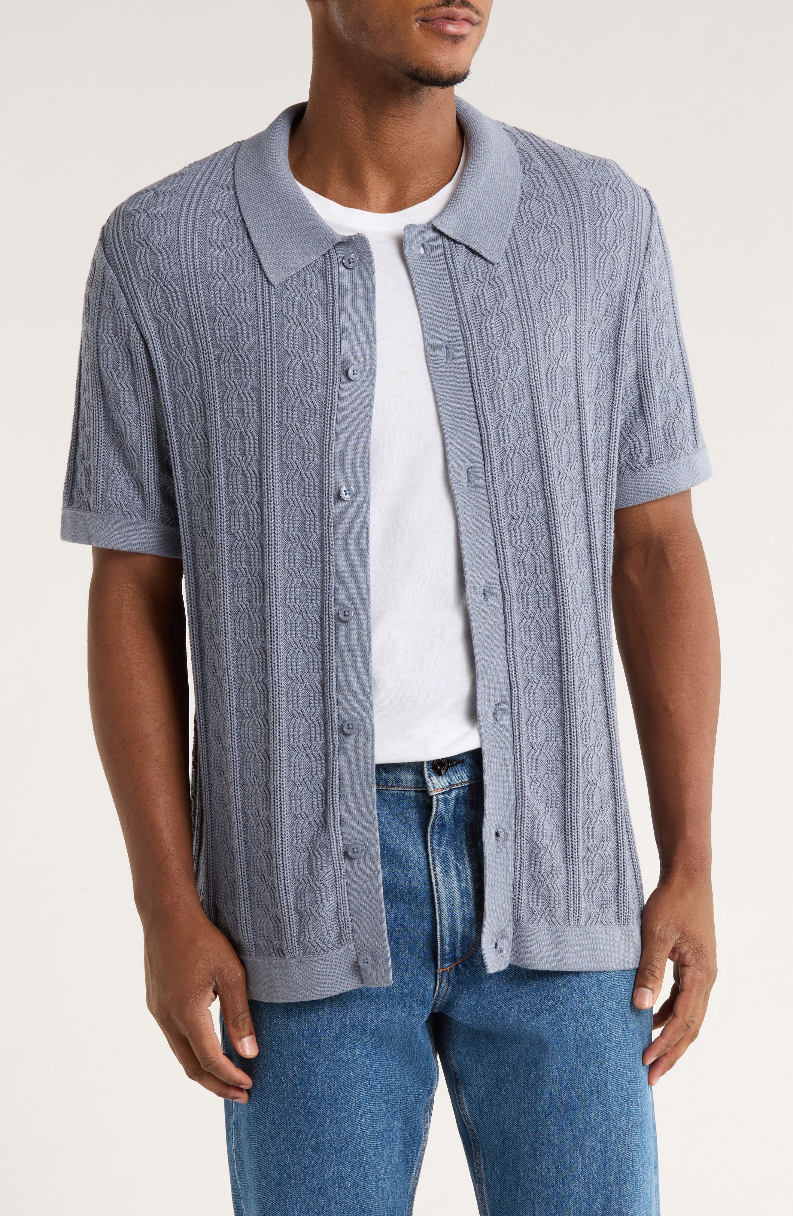 Short Sleeve Cable Knit Button-Up Shirt - image 3