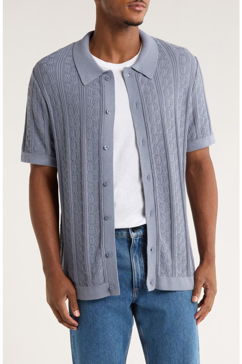 Short Sleeve Cable Knit Button-Up Shirt, Main, color, DUSK BLUE