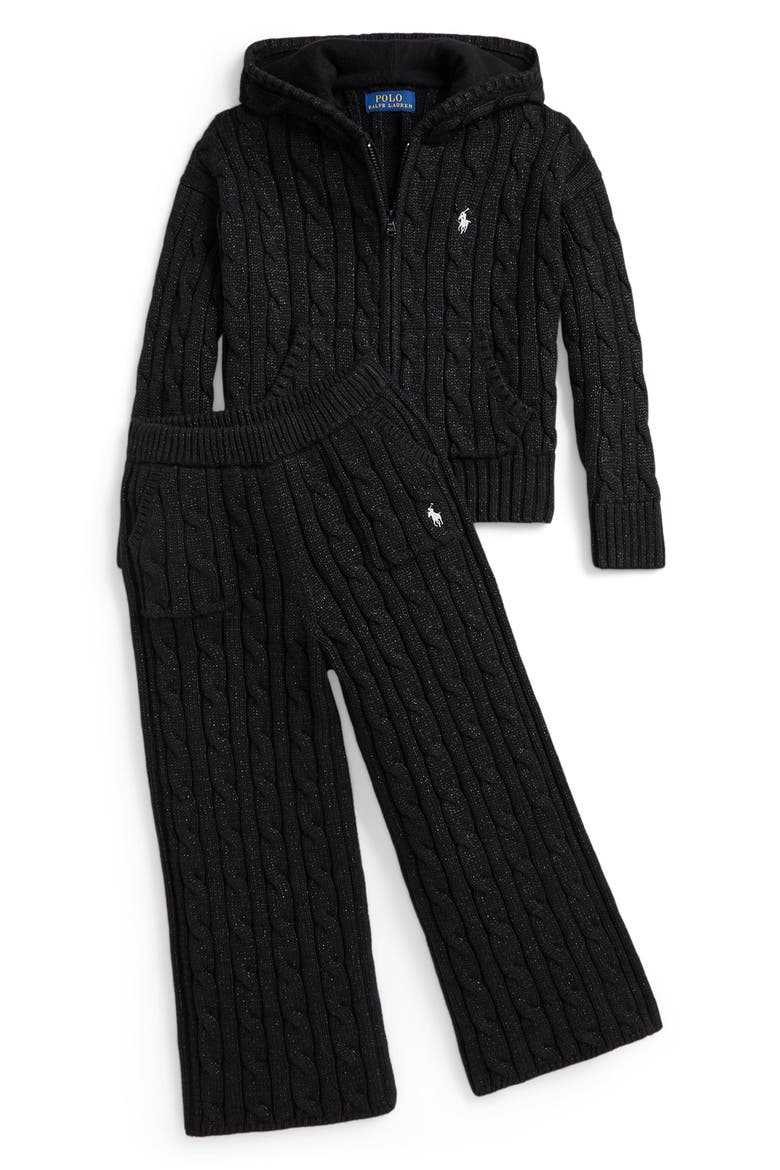 Kids' Metallic Cable Knit Wide Leg Sweater Pants, Alternate, color, BLACK