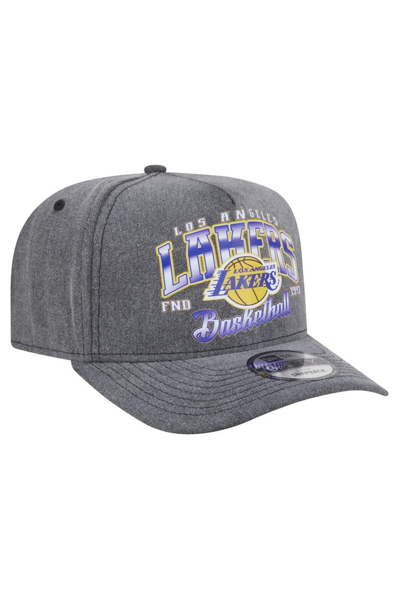 Men's New Era  Charcoal Los Angeles Lakers Throwback Washed Pre-Curved 9FIFTY Snapback Hat, Alternate, color, Charcoal