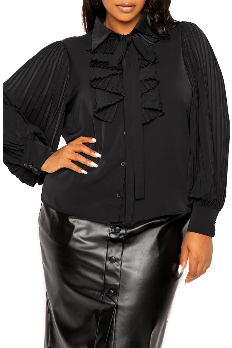 Tie Neck Pleated Sleeve Top, Main, color, BLACK