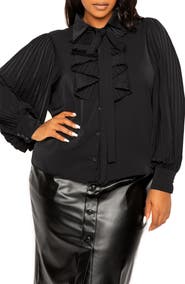 BUXOM COUTURE Tie Neck Pleated Sleeve Top