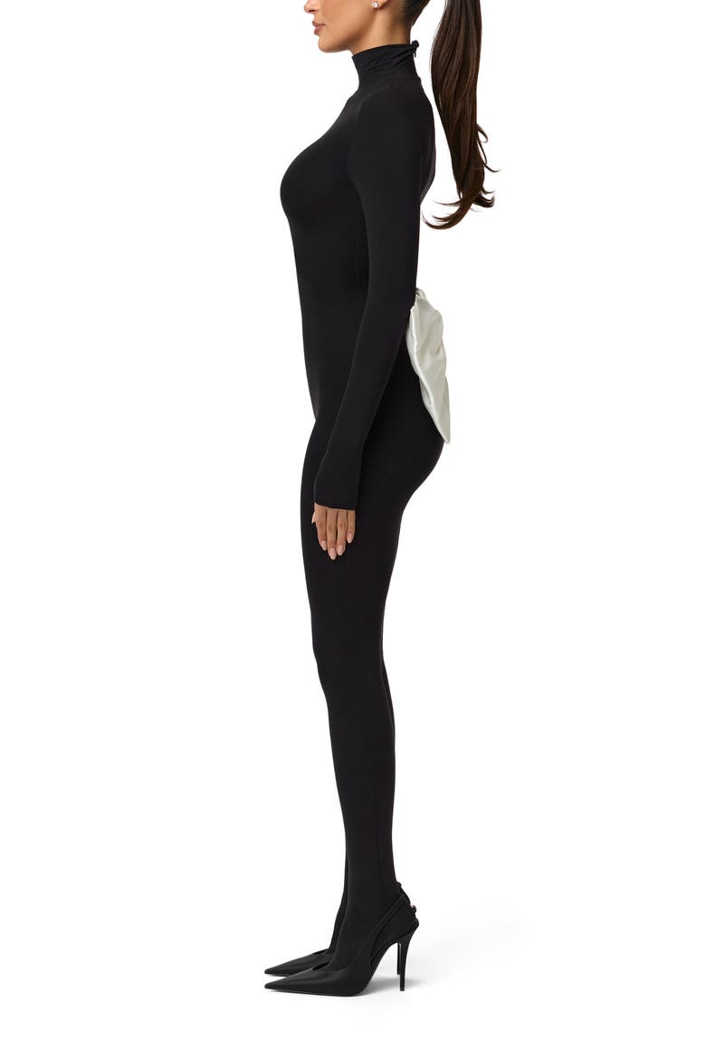 Bow Detail Long Sleeve Jumpsuit, Alternate, color, BLACK/ WHITE