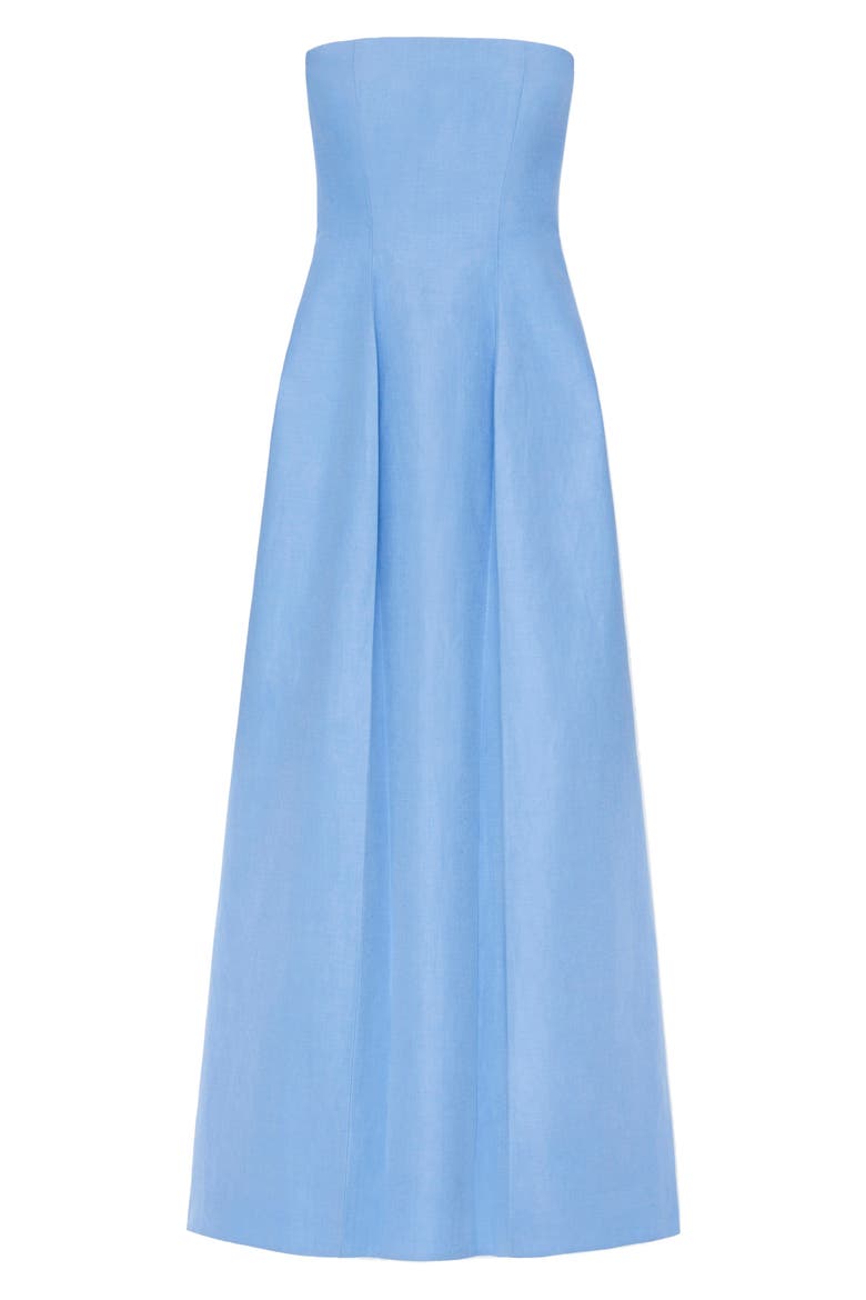 Pleated Silk & Linen Strapless Dress, Alternate, color, COOL BLUE