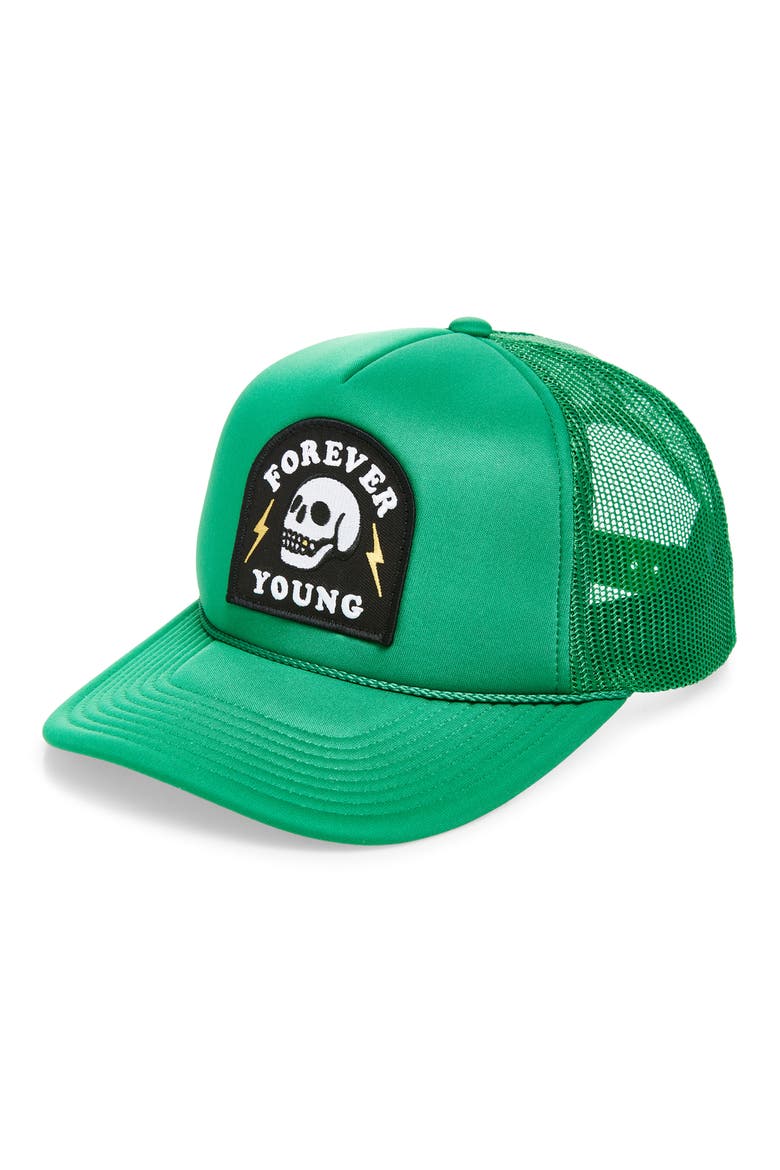Forever Young Patch Trucker Hat, Main, color, KELLY