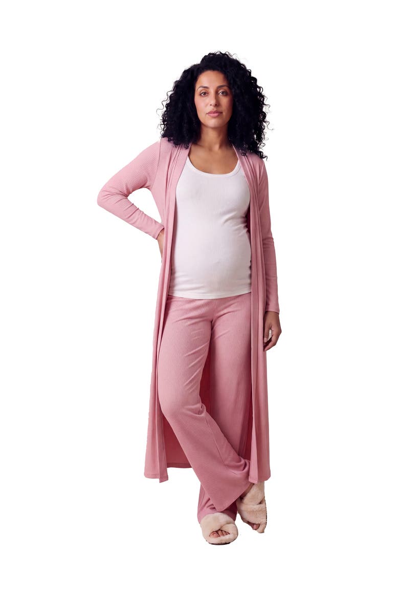 Maternity Basic Long Sleeve Tie Waist Soft Jacket and Elastic Waist Wide Leg Pant Set, Main, color, Blush
