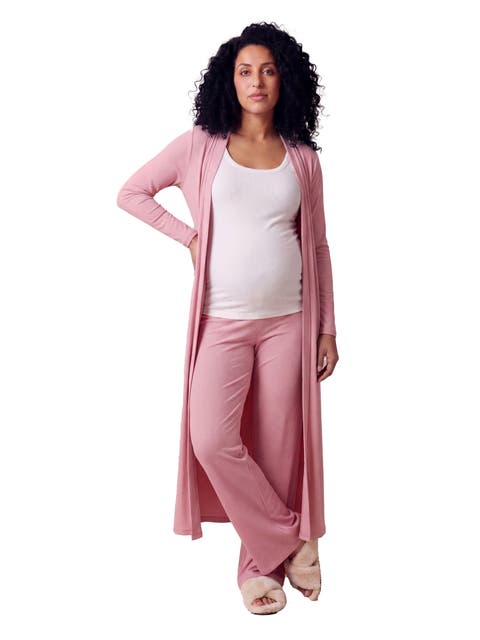 Maternity Basic Long Sleeve Tie Waist Soft Jacket and Elastic Waist Wide Leg Pant Set