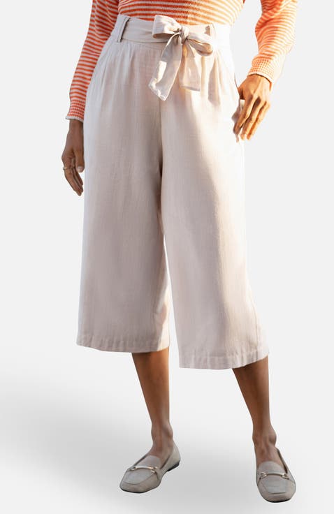 Linen Blend Tie-Belt Cropped Trousers