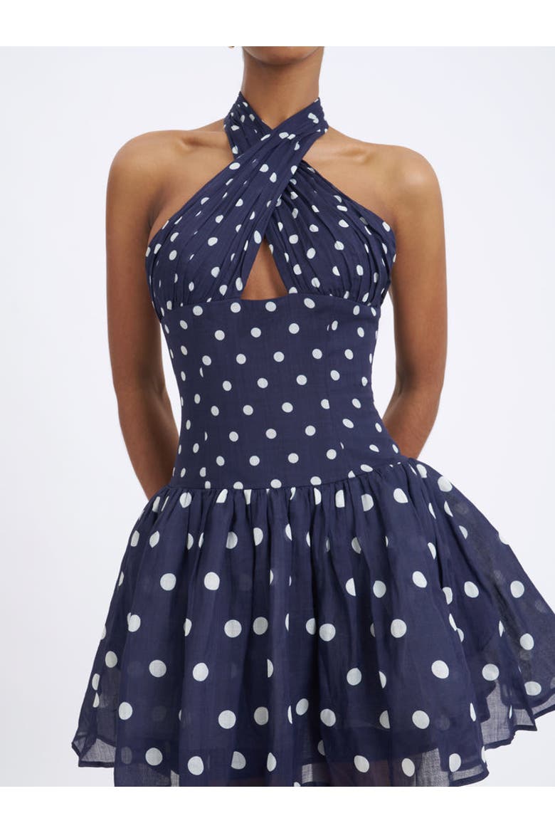 Yamina Polka Dot Ramie Crossover Halter Gathered Mini Dress, Alternate, color, Navy