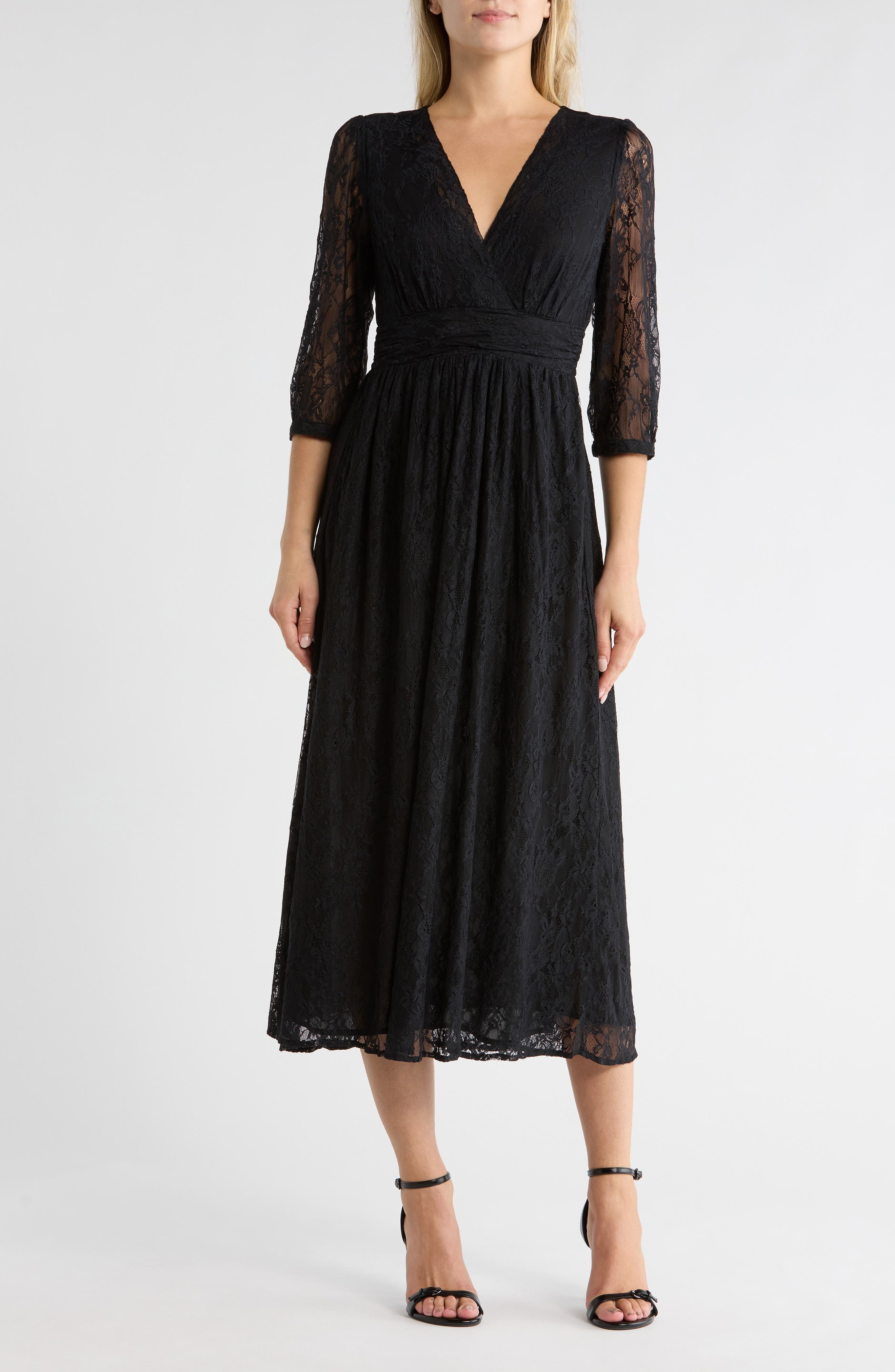AREA STARS Bette Three-Quarter Sleeve Lace Midi Dress