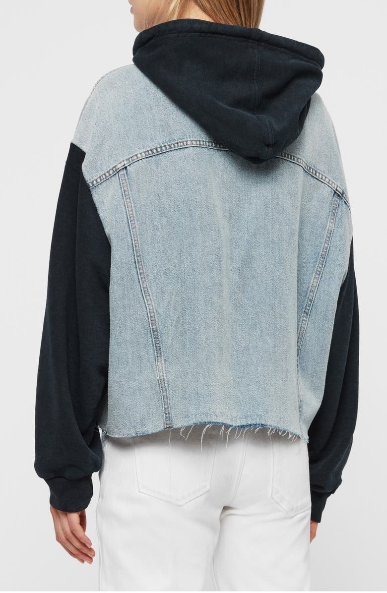 AllSaints Milena Mixed Media Hooded Denim Jacket, Alternate, color, Indigo Blue