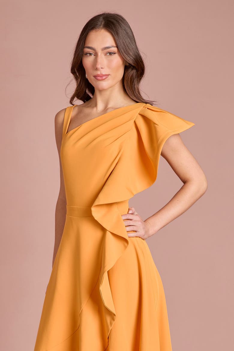 One Shoulder Crepe Ruffle Midi Dress, Alternate, color, Orange