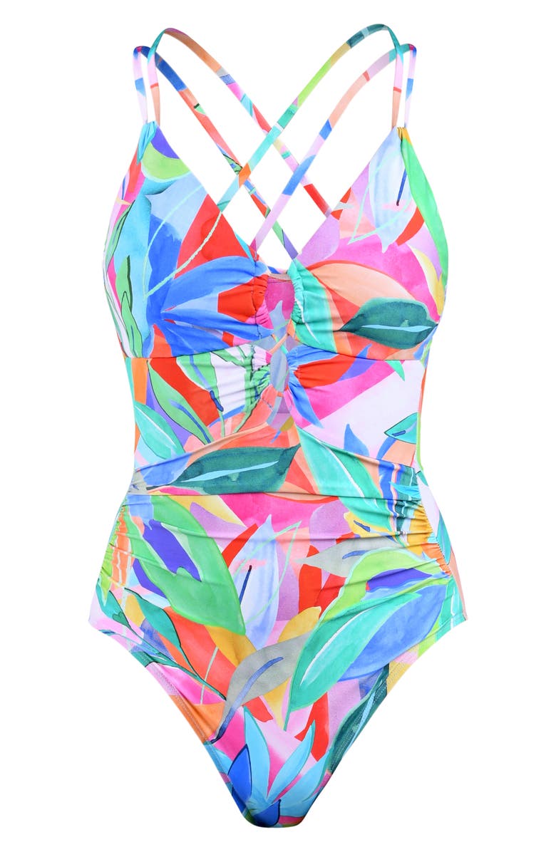 La Blanca Tropi-Flage Lace-Up One-Piece Swimsuit, Alternate, color, 