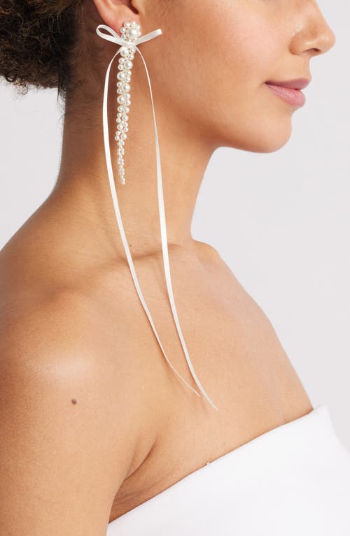 Simone Rocha Slim Bow Ribbon Drop Earrings In Pearl