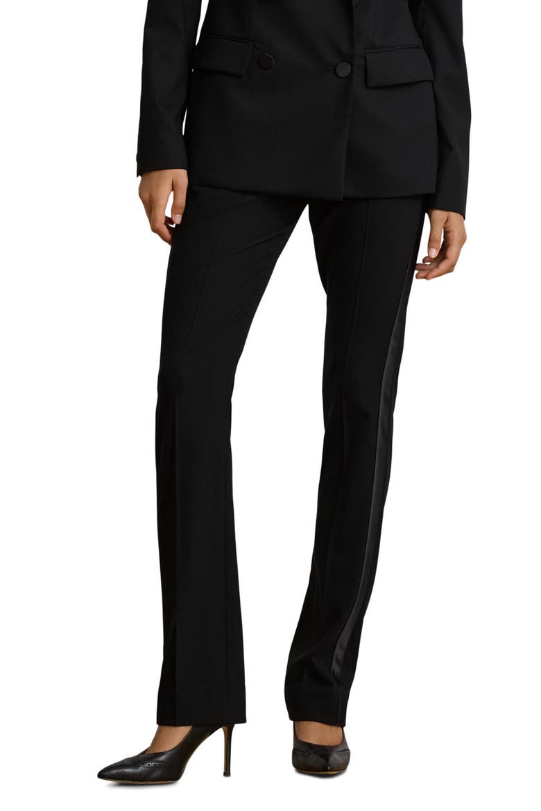 Satin-Trim Wool Crepe Straight Leg Pants, Main, color, BLACK