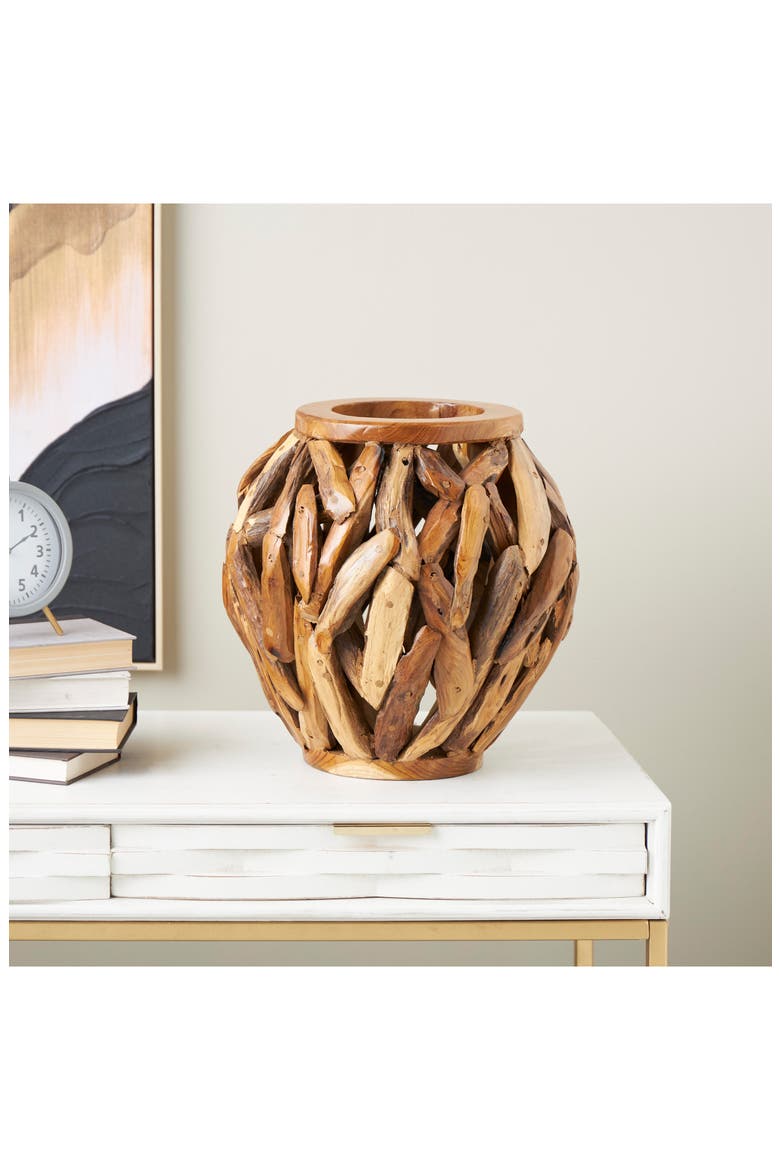 Teak Wood Vase, Alternate, color, BROWN