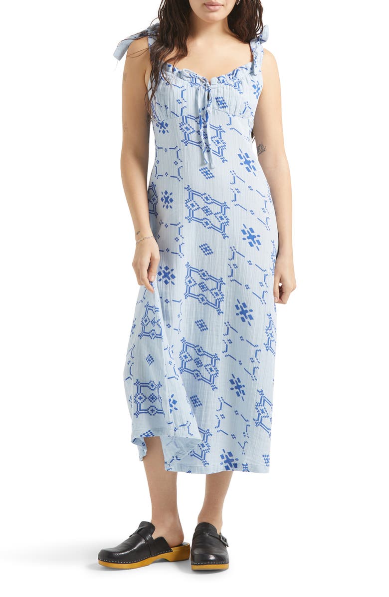 Brixton The Tie Strap Sleeveless Midi Dress, Main, color, Aura Blue Tile Print