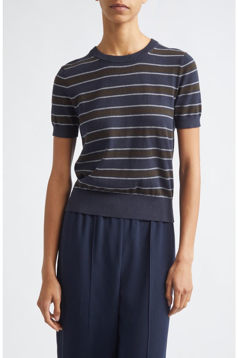 Stripe Short Sleeve Cotton & Cashmere Sweater T-Shirt, Main, color, DARK THYME COMBO
