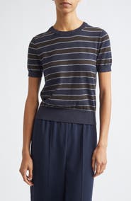 Vince Stripe Short Sleeve Cotton & Cashmere Sweater T-Shirt