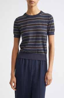Stripe Short Sleeve Cotton & Cashmere Sweater T-Shirt