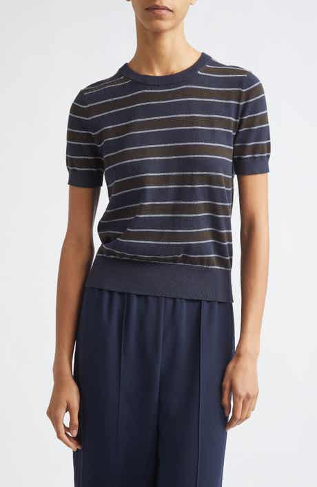 Stripe Short Sleeve Cotton & Cashmere Sweater T-Shirt
