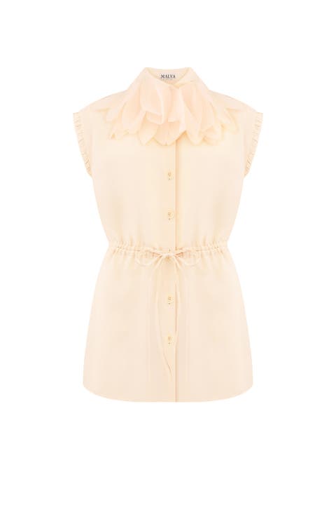 Drawstring-Waist Floral-Appliqu Blouse