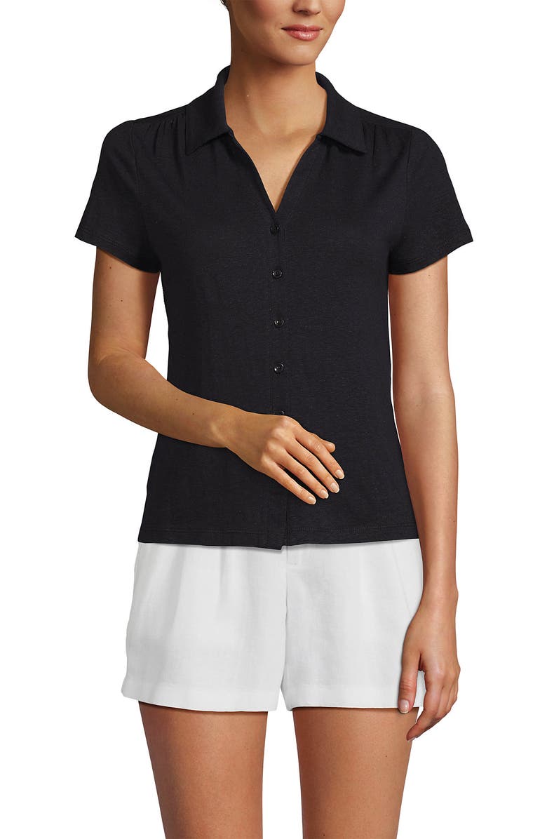 Lands' End Linen Blend Short Sleeve Button Front Polo Top, Main, color, Black