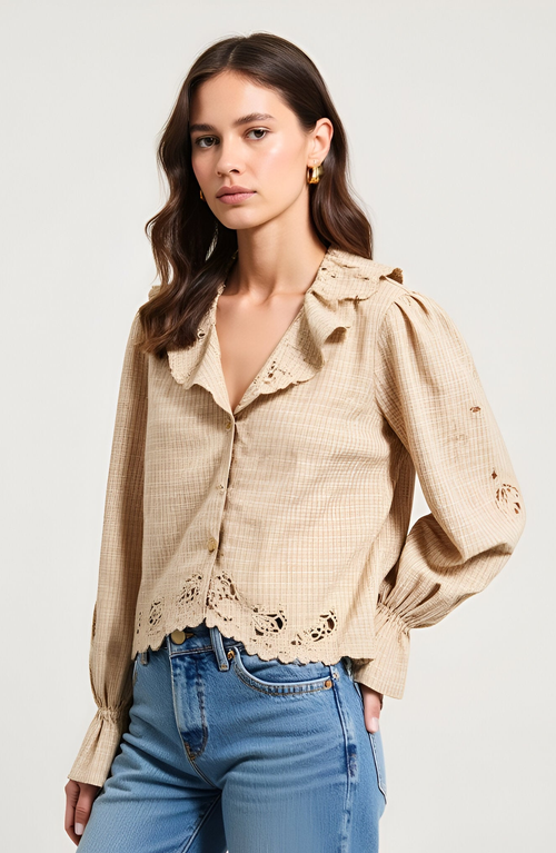 Modenaire Embroidered Scallop Trim Ruffle Collar Long Sleeve Blouse In Brown