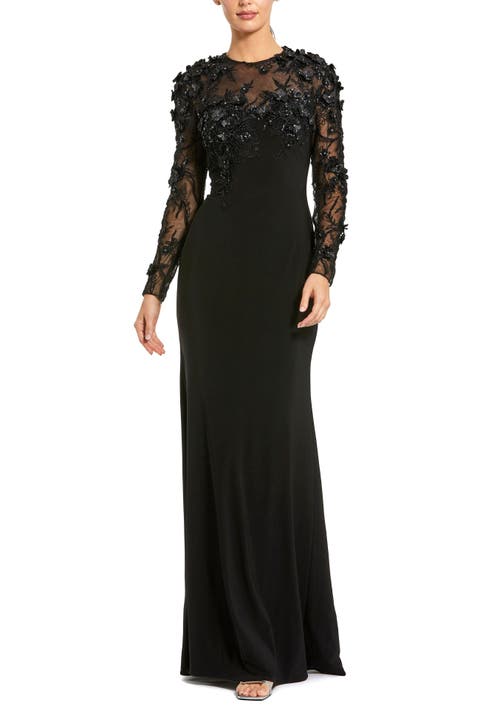Jersey Long Sleeve Fitted Gown With Floral Beading