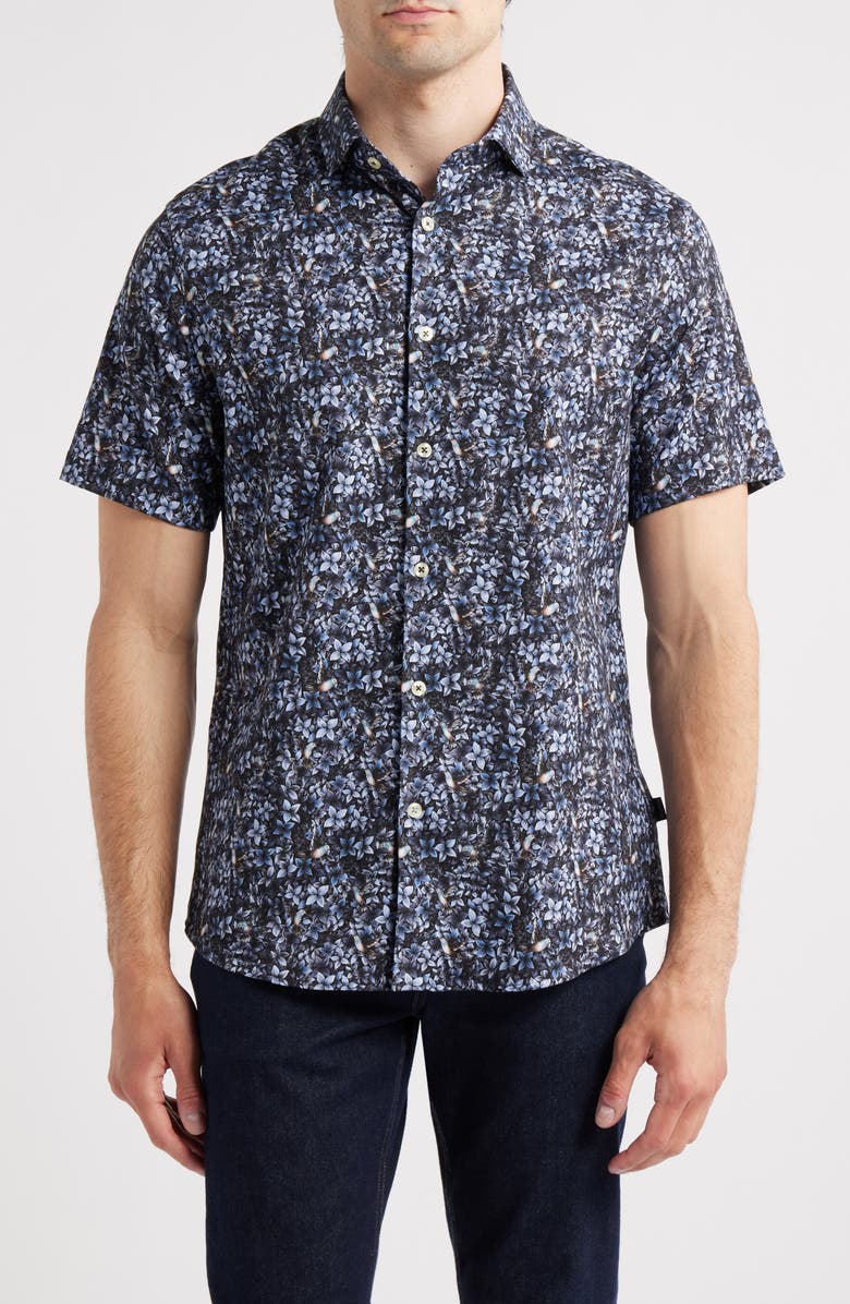 Stone Rose Flight & Floral Short Sleeve Stretch Cotton Blend Button-Up Shirt, Main, color, 