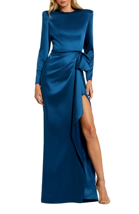 Long Sleeve Structured Bow Draped Column Gown