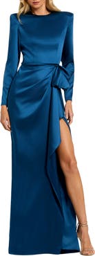 Mac Duggal Long Sleeve Structured Bow Draped Column Gown