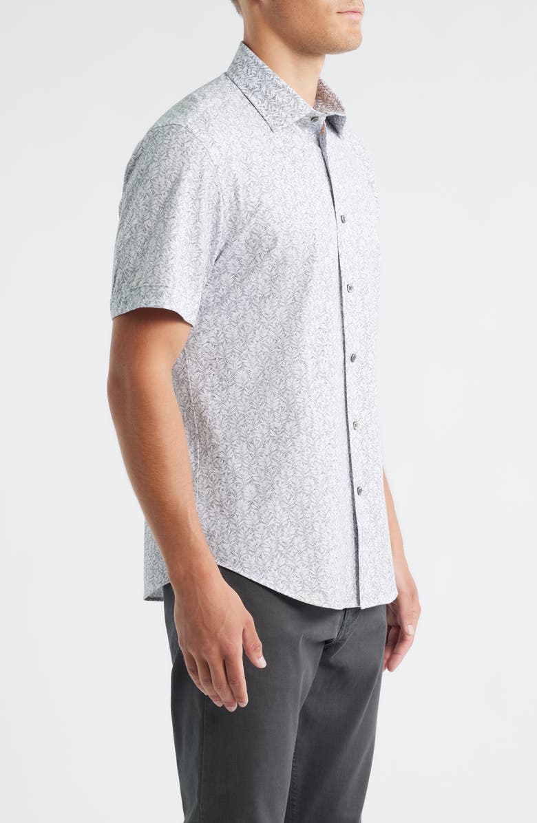 Bugatchi Miles OoohCotton<sup>®</sup> Leaf Print Short Sleeve Button-Up Shirt, Alternate, color, Zinc