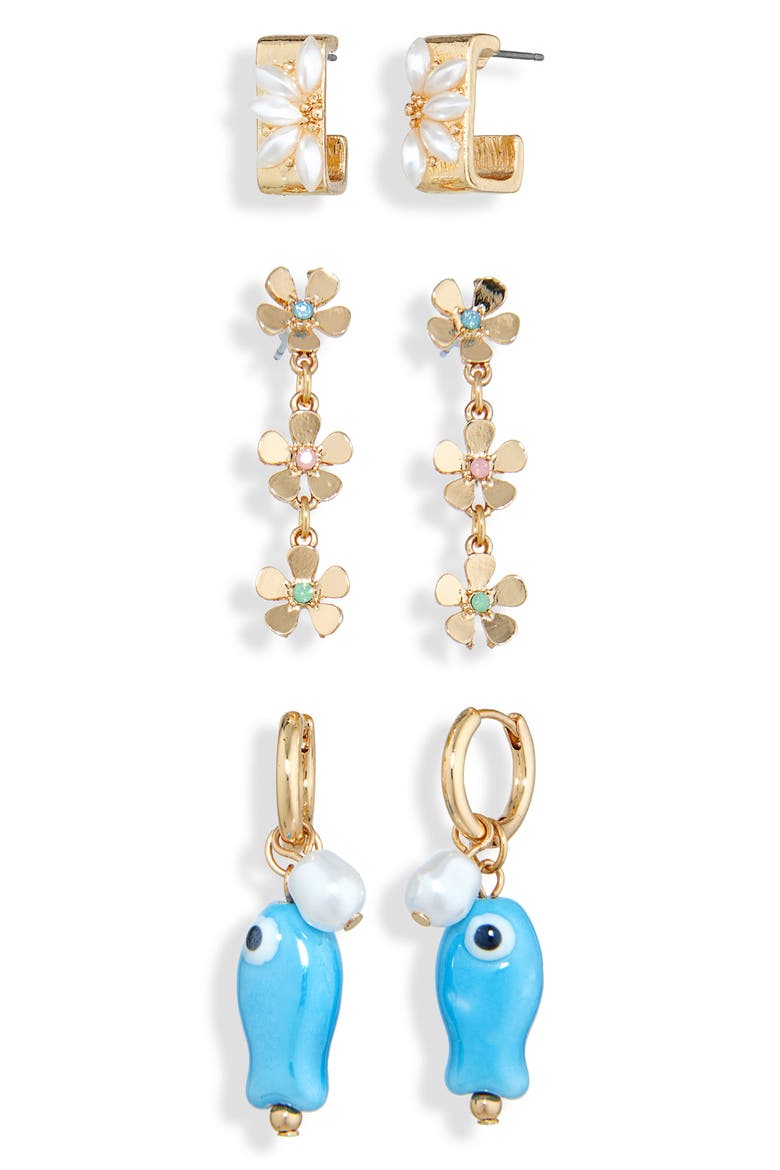 Set of 3 Pairs Fish Hoop & Drop Earrings, Main, color, GOLD MULTI