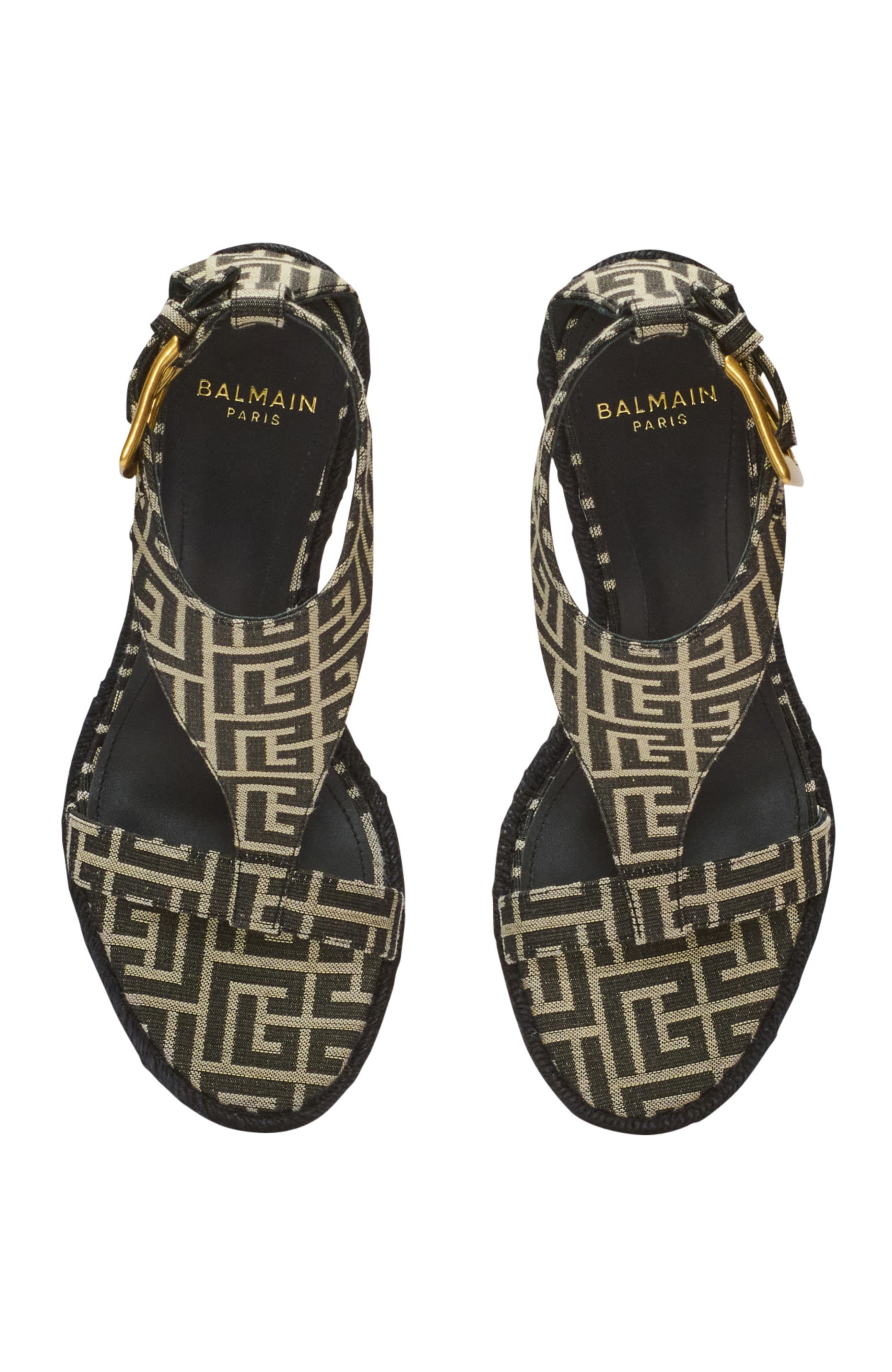 Balmain Anthem wedge espadrilles in monogram jacquard, Alternate, color, Black