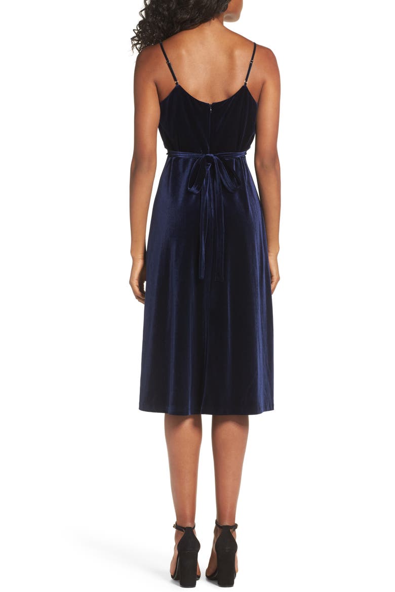 Sleeveless Velvet Faux Wrap Midi Dress, Alternate, color, NAVY