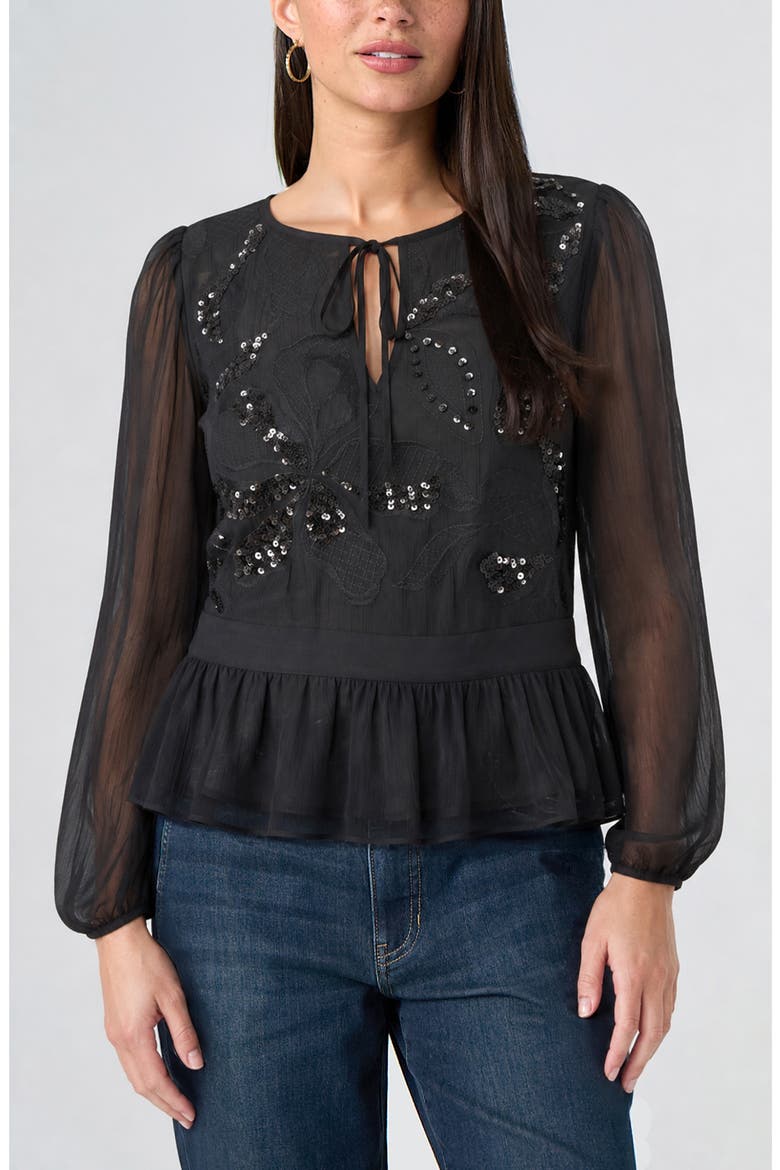 Embellished Peplum Chiffon Top, Main, color, BLACK