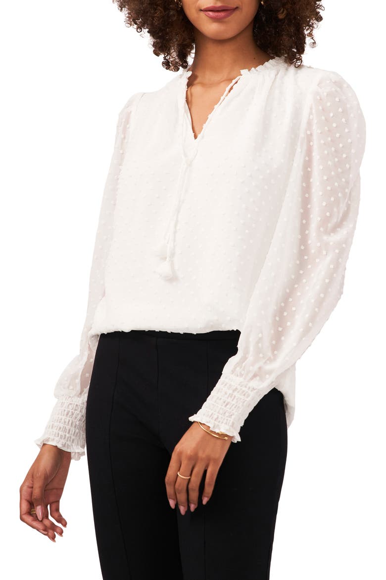Swiss Dot Tie Neck Smocked Blouse, Main, color, SOFT ECRU