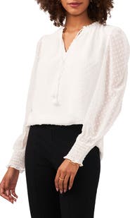 Chaus Swiss Dot Tie Neck Smocked Blouse