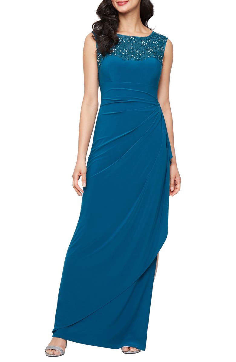 Alex Evenings Embellished Side Ruched Jersey Gown, Main, color, Mallard